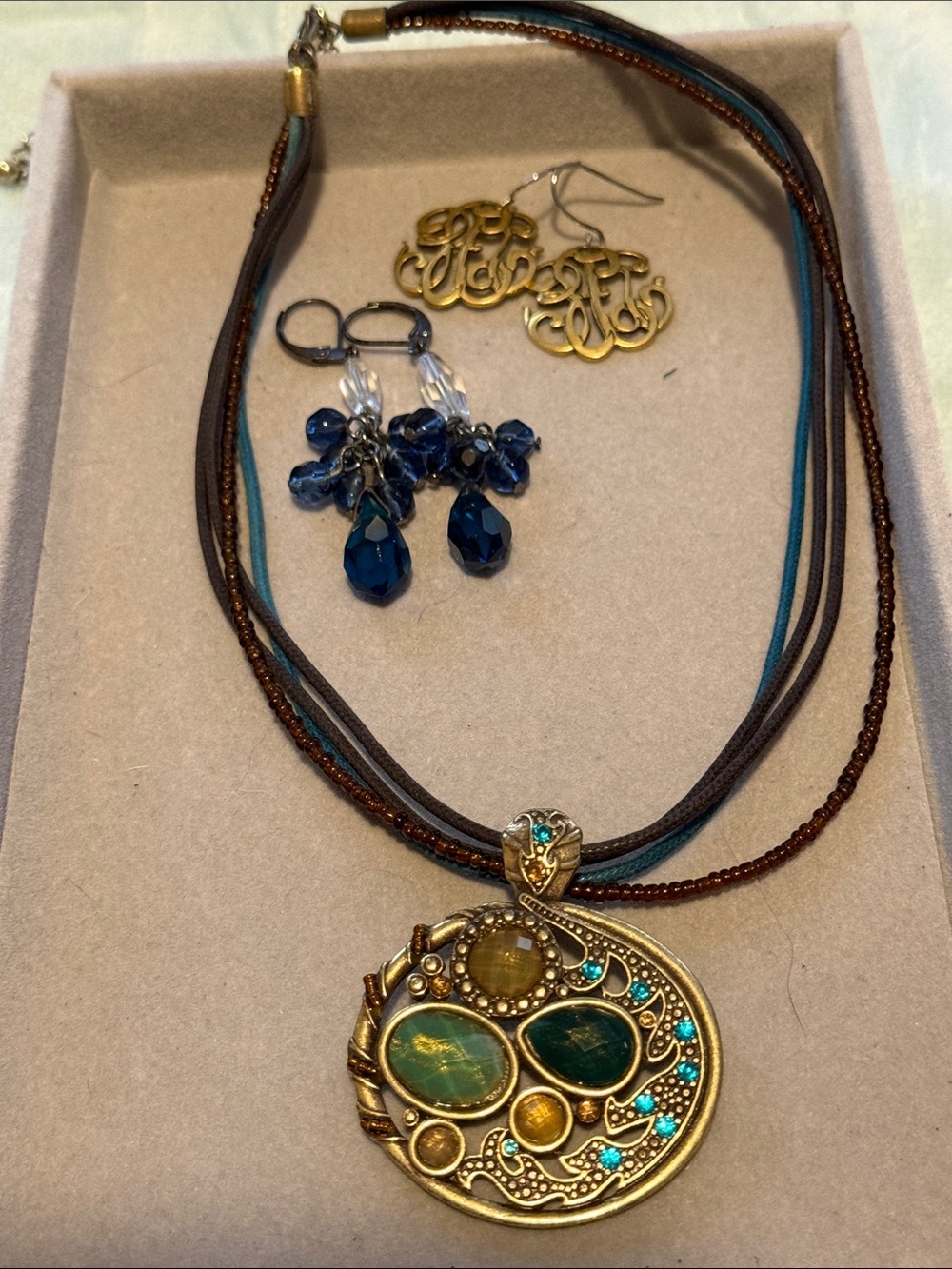 Gold-Tone Pendant Necklace Set with Teal and Brown Accents